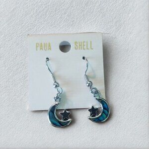 Paua Shell Crescent Moon and Star Dangle Earrings